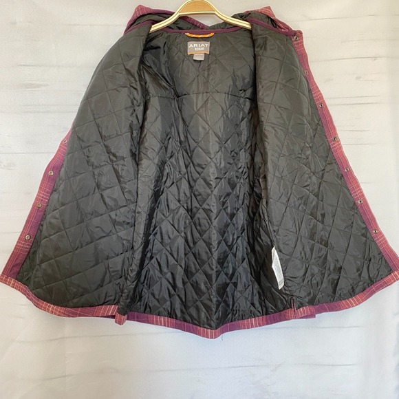 Ariat Rebar Flannel Hooded Shacket Shirt Jacket Women L Purple Plaid Western NWT - Picture 3 of 16